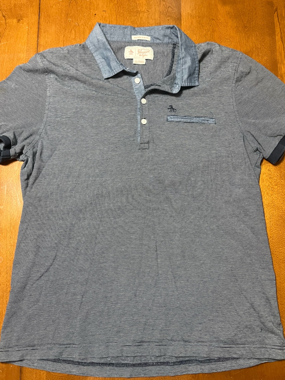 Original Penguin Men's Heritage Slim Fit Navy & Gray Striped Short-Sleeve Polo